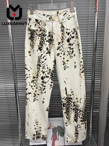 Kvinnors jeans luxe avund 2023 vår/sommar ny koreansk mode raka ben leopard breda ben byxor mångsidiga höga midja smala jeans mode