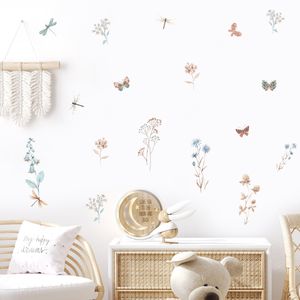 Boho Floral Dragonfly Watercolor Nursery Removable Wall Decals DIY Vinyl Wall Stickers Kids Girls Room Interior Home Decor Gifts