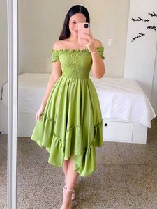 캐주얼 드레스는 어깨 짧은 소매 여자 드레스 녹색 접이식 달콤한 숙녀 드레스 2022 여름 ALINE MIDI 암시 전주 Z0612