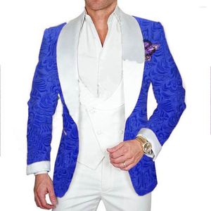 Mäns kostymer jeltoin modedesigns gentleman formell kunglig blå jacquard blazer 3 stycken set män passar brudgummen bröllop smal fit smoking