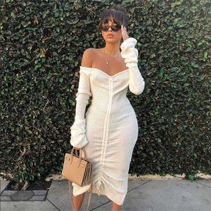 Casual Dresses Front Trekkoord Sexig Bandage Jurken Slash Hals Lange Mouwen Club Party Dress Herfst Winter Off Shoulder Jurk Z0612