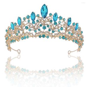 Hårklipp barock guldfärg blå kristall brud tiaras krona strimmig tävling diadem slöja tiara brud pannband bröllop tillbehör