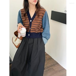 Women's Sweaters Jean Sweater Cardigan Autumn Winter V Neck Short Color Stripe Knit