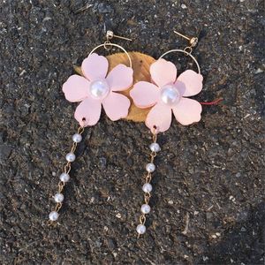 Stud Earrings 2023 Fashion Circle Simulation Pearl Pink Flower Brincos Long Statement Beaded Tassel Women Jewelry Gift