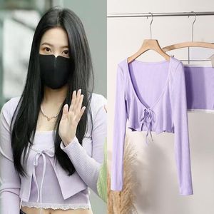 Women's Knits Kpop Girl Group Spring Autumn Women's Long-Sleeved Knit Sweaters Cardigan Purple Tops Korean V-Neck Short Two-Piece