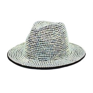 Rhinestone Fedora Hats for Women Men Flat Wide Gree Razer wełniany poczuł czapki jazzowe ręcznie robione bling nabite hat253v286j