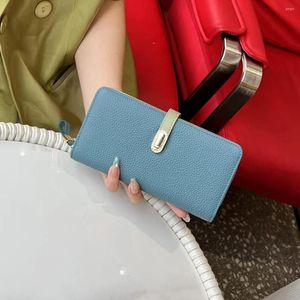 Wallets Ladies Long Wallet Genuine Cow Leather Lychee Grain Pattern Phone Bag Women Clutch Coin Purse Korea Fashion Card Holder