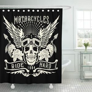 Cortinas Rider Motorcycle Skull com Capacete Asas Tatuagem Design e Patch Biker Cortina de Chuveiro Tecido de Poliéster Impermeável 72 x 72 polegadas