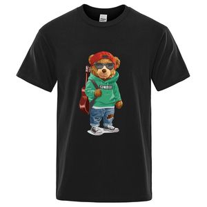 Gentleman Teddybär Gitarre Sänger Männer T Shirts Drucken Sommer Baumwolle Schweiß T-Shirts Atmungsaktive Lose Kleidung Hip Hop Straße Kurzarm