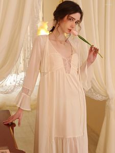 Women's Sleepwear Women French Sexy V-Neck Lace Suspender Nightdress Robe Pajama Two Piece Sets Silk Summer Long Princess Nightgowns