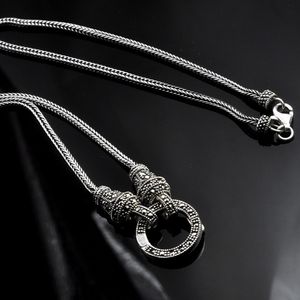 Pendanthalsband riktiga silver lång kedja retro halsband kvinnor s925 sterling marcasite sten thailändska smycken 230613