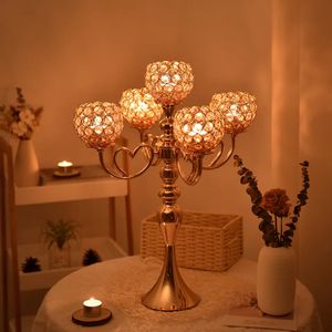 Candelabro de cristal dourado com 5 braços, castiçal, decoração de mesa, peças centrais para casamento, festa em casa, feriados, decoração de evento D003