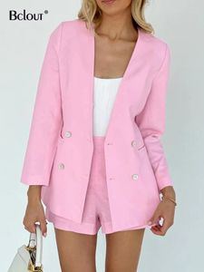 Conjuntos de shorts de linho rosa de verão bclout feminino 2 peças elegante escritório com decote em V manga longa blazers moda ternos retos 2023