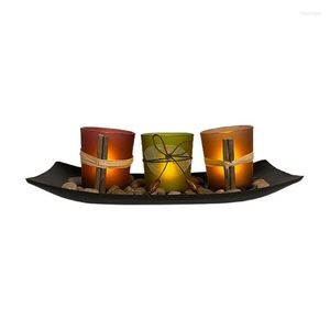 Castiçais sem chama Velas cintilantes Tealight operadas por bateria Folha decorativa e seixos Enfeites de bandeja de madeira Conjunto de 3 para