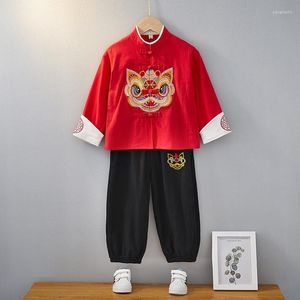 Этническая одежда 2pcs китайский традиционный Hanfu для мальчиков 2023 год Red Tang Emelcodery Retro Outfit Top Top Pants