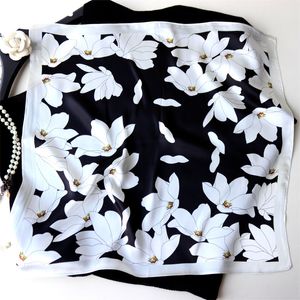 Sarongs POBING 100% Natural Silk Scarf Women White Flowers Print Square Scarves Wraps Small Head Handkerchief Wholesale Hijabs 53x53CM 230613