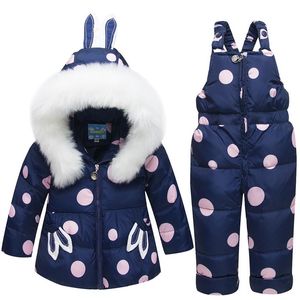 Casaco com capuz de pele de orelha de coelho para bebês meninas Jaqueta de esqui neve Jaqueta Calças macacões pontilhadas Roupas LJ201126261F