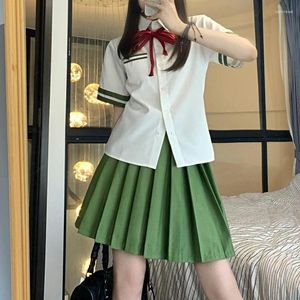 Work Dresses White Loose Short Sleeve Shirt Bow Tie Green Pleated Skirt Women's Three-Piece Set JK Preppy Sweet Suit Summer 2023