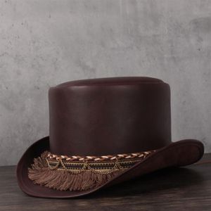 Женщины мужчины кожаная шляпа Lady Flate Fedoras Hat Magician Tassel Cosplay Party Caps Dropshiping 3Size 13 см TOP244T