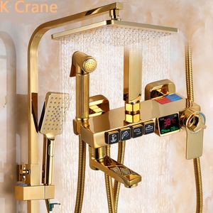 Badrum duschhuvuden gyllene dusch set badrum smart digital duschsystem väggmontering termostatisk badkran