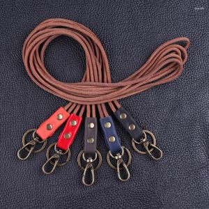 Nyckelringar retro lång lanyard nyckelchain män anti-förlorade brun nylon rep tjock kohide läder keyring mjuk slitsträckt midja nyckelhållare