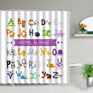 Gardiner kreativitet tecknad djur alfabet 3d tryck dusch gardin barn badrum dekorera skärmvattentät tygbad gardiner med krokar