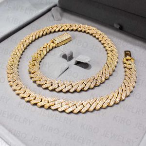 마이애미 2 톤 아이스 아웃 S925 스털링 실버 진짜 14K 골드 도금 VVS 12mm 2 줄 Moissanite Cuban Link Chain