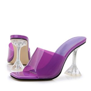 Liyke 2023 New Transparent Crystal Clear Heels Women Slippers Candy Color PVC Shoes Female Mules Slides Summer Sandals Size 46