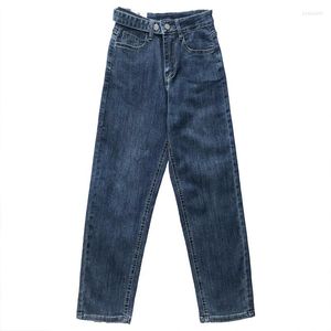Kvinnors jeans justerbart bältesspänne design sommar retro blå hög midja lös all-match denim beskurna byxor