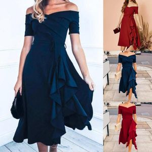 Casual Dresses Fashion Layered Ruffle Hem Dress Women Sexig V Neck stropplös av axel slips midja eleganta damer födelsedagsfest klänningar