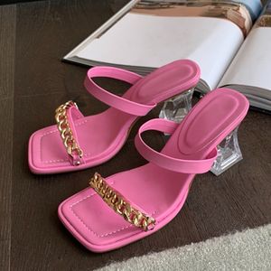 Transparent chunky klackar mulor tofflor damer mode metallkedja design rosa sandaler för kvinnor öppen tå gladiatorskor bilder