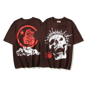 Hellstar Studios Globe Iron Nail Skull High Street Fashion Men's Women's Short Sleeve T-shirt ZILE