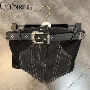 Tanks GetSpring Women Tank Tops Early Autumn 2022 Metal Belt Decoration Splicing Show Thin Sweet Denim Cool Bra Zipper Black Jean Top