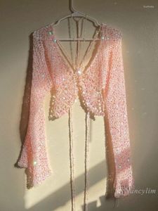 Camicette da donna Top con paillettes estive Donna Chic e bella Camicia a scialle rosa di fascia alta Streetwear Manica lunga Scollo a V Casual Tutto abbinato