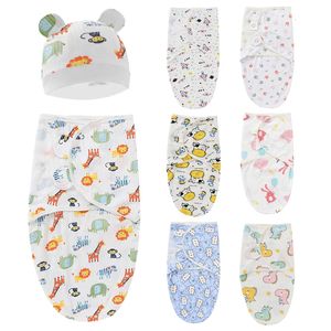 Blankets Swaddling born Cotton Waddle Wrap Hat Baby Receiving Blanket Bedding Cute Cartoon Infant Sleeping Bag for 012 Months Accessories 230613