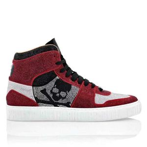 Designer Luxury phillip plain Classic Sneaker PP Skull Printed Casual High Platform Shoes Mens Outdoor Run Zapatos Baskeball Shoe rosso