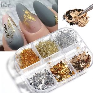 Guldfolie Platinum Silver Shard Nail Glitter 6 Grid per låda Glitter Silk Stripes Lines Flakes Pulvers Powder