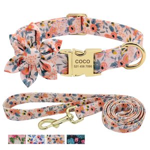 Dog Collars Leashes Custom Engraved Dog Collar With Leash Nylon Printed Dog ID Collars Pet Walking Belt For Small Medium Large Dogs Flower Accessory 230612