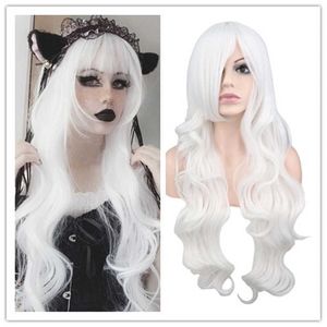 Perucas de renda longas onduladas perucas de cosplay para mulheres traje de festa preto branco vermelho rosa azul loiro laranja perucas de cabelo sintético com franja z0613