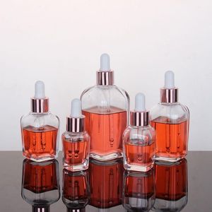 Frascos de perfume de óleo essencial de vidro transparente frasco conta-gotas quadrado com tampa de ouro rosa 10ml a 100ml Hivai