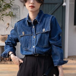 Blusas Femininas Button Design Jean Blusa Moda Feminina Camisas Denim Streetwear Blue Cowboy Blusas Primavera Outono Trespassado Tops Mujer