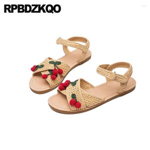 Sandals Kawaii 34 Holiday Women Embroided Shoes Plus Size Cute Knit Flats Flower Applique Handmade China Sweet Open Toe Cherry