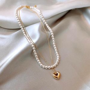 Choker FeeHow Korean Goth ins vintage Pearl Necklace for Women Heart Pendant Fashion Summer Y2K Grunge smycken Tillbehör