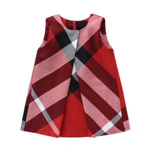 Barnkläder Nya ärmlösa kostymer Casual Wear European Style Cotton Plaid A-Line Dress Girl Fashion 1-6 år