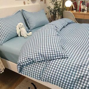 Клетки для постельных принадлежностей Blue Plaid Set Set Fashion Soft Bend Linen Syste Full Keen Size Boys девочки для девочек.