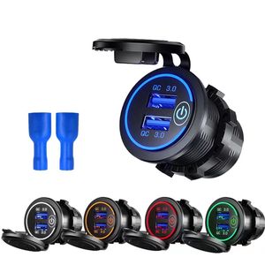 Snabbladdning 3.0 Dual USB Car Charger Socket Waterproof 12V/24V QC3.0 Snabbladdning Power Outlet med Touch Switch för motorcykel ATV Boat Marine RV Auto