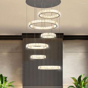 Chandeliers El Hall Luxury Steel Led Rc Dimmable Pendant Lights Lustre K9 Crystal Hanging Lamp Villa Living Room Circle