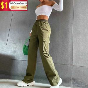 Calças femininas Capris Moda Feminina Calças de corrida casuais Calças tecnológicas Oversized Calças folgadas com cordão sólido Y2K Calças Cargo Moda de perna larga Streetwear