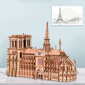 Spela mattor 3D träpussel Notre Dame Cathedral Sailing Boat Plane Diy Jigsaw Woodcraft Kit Education Toys for Kids Building Robot Model 230613