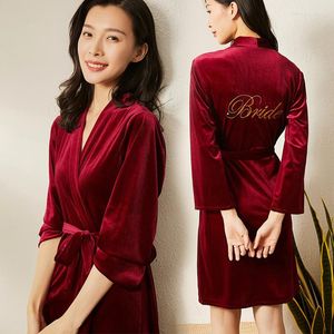 Women's Sleepwear Autumn/Winter Bride'S Morning Gown Golden Velvet Nightgown Cardigan Bridesmaid Maid Of Honor Lady Wedding Red Makeup